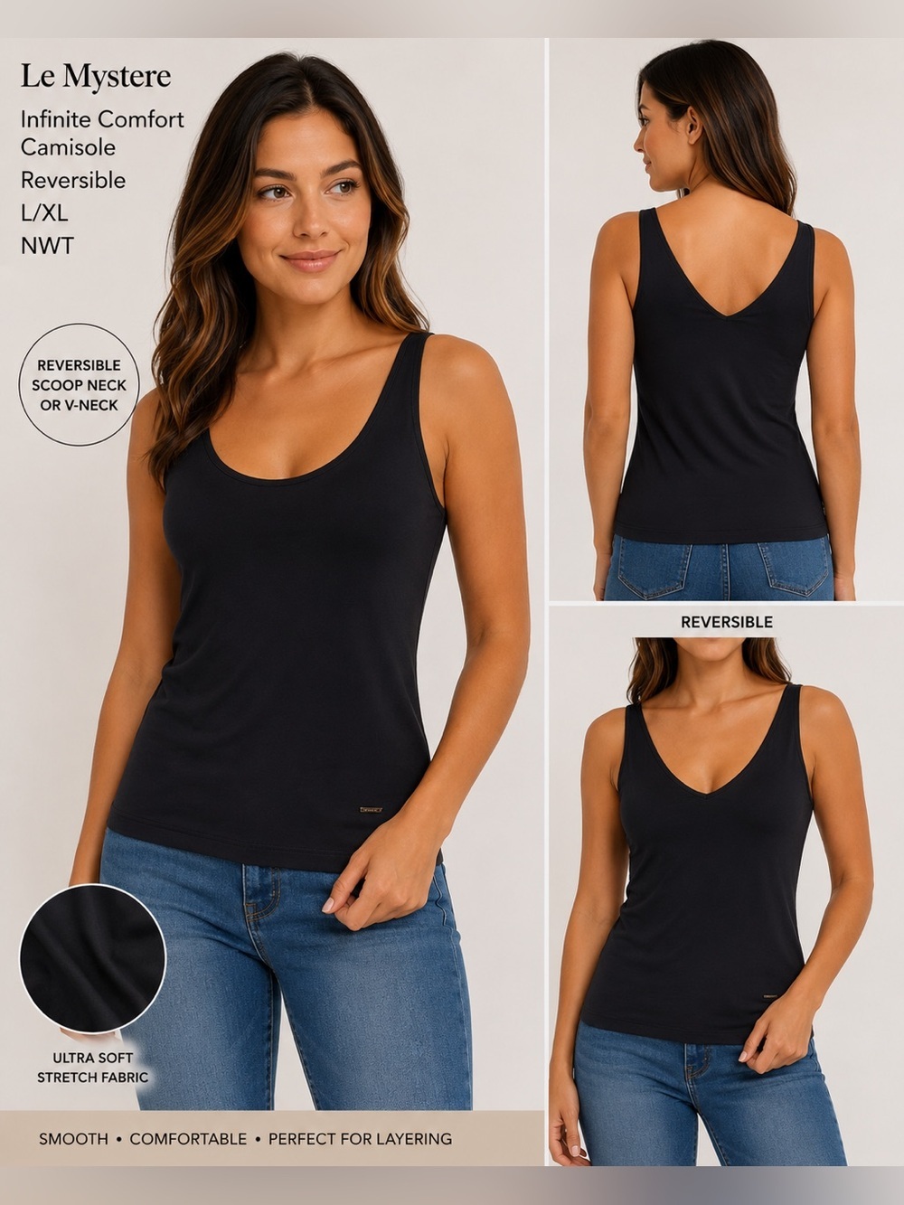 Le Mystere Infinite Comfort Reversible Camisole Black L/XL NWT